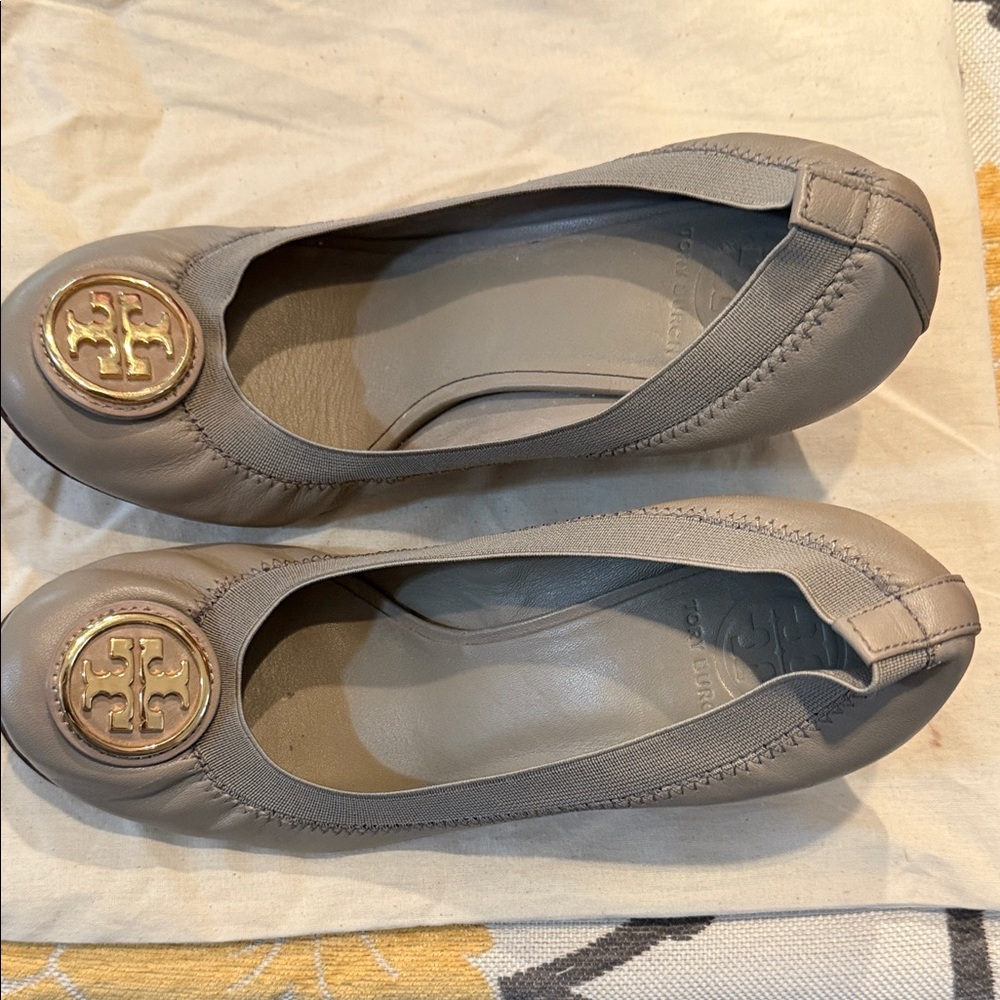 Tory Burch Taupe Leather Flats with Gold Logo